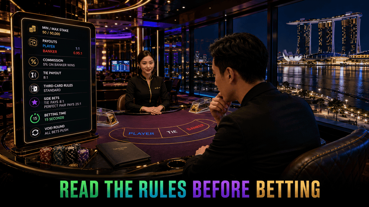 Player checking Crown88 live casino rules before placing a Banker Player or side bet
